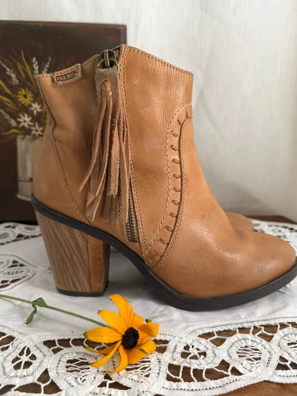 Pikolinos Leather Ankle Boots 38 US 7.5 8 Camel Tassel Boho Block Heel Boot